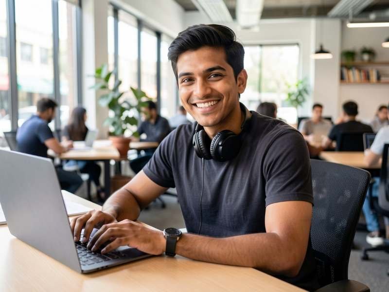 A software engineer working at a coworking desk