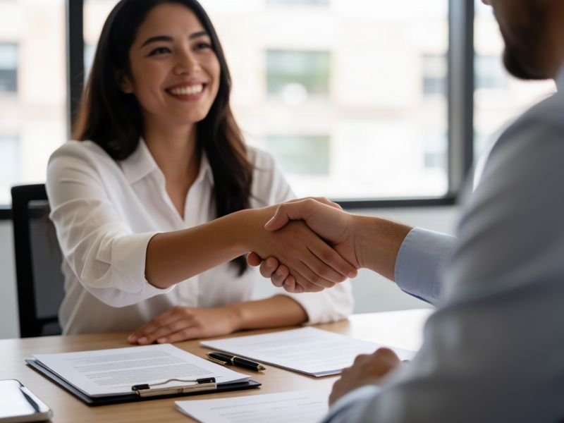 Two people shaking hands after signing an employment contract