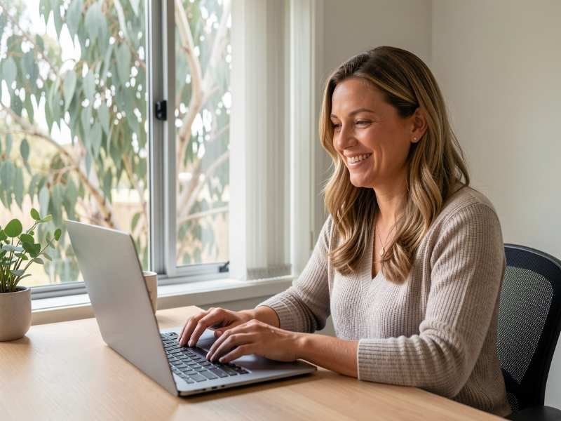 A woman working on a laptop from a home office