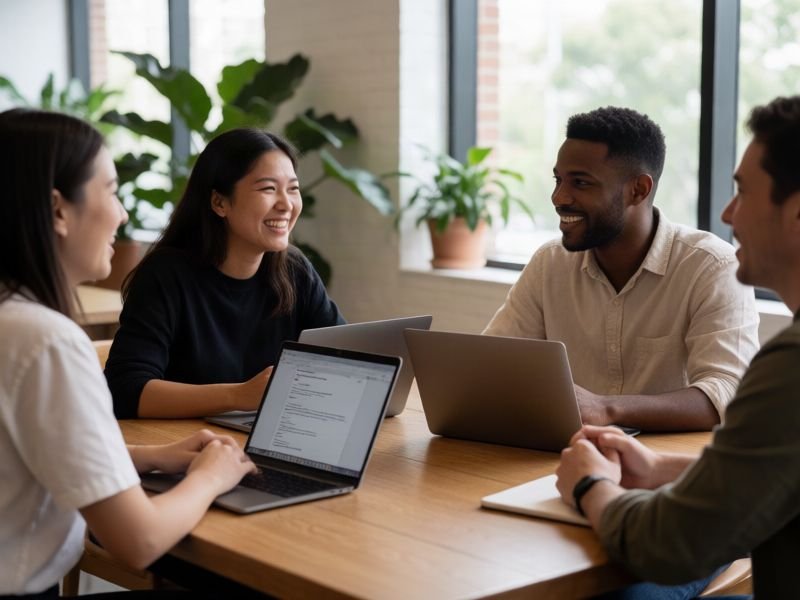 A small team working together around a table